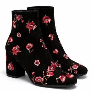 $160 Karl Lagerfeld Embroidered Black Suede Ankle Boots with Red Floral Detail